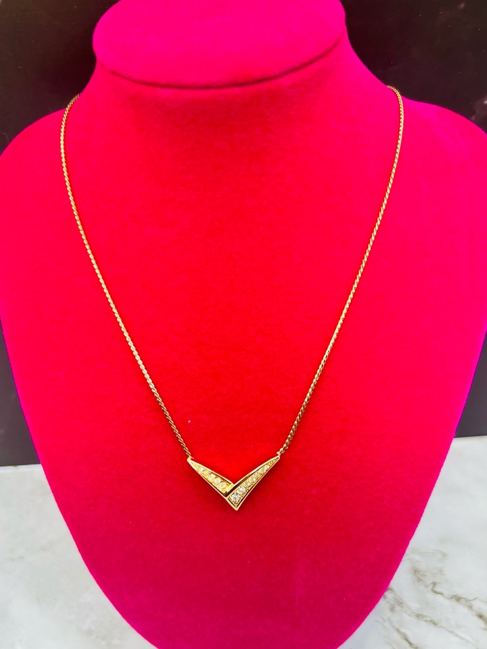 Christian Dior Gold Plated Vintage V Shaped Pave Crystals Necklace w/ CD Logo.
